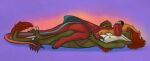 absurd_res anthro breasts claws cuddling dinosaur dragon dromaeosaurid duo european_mythology eztli_(user_55) feathers feet female female/female green_body hair hand_on_shoulder hi_res horn kaputotter lying melody_(user_55) membrane_(anatomy) membranous_wings mythological_creature mythological_scalie mythology nipples nude prehistoric_species red_body reptile scales scalie simple_background sleeping smile stripes tail theropod western_dragon wings wyvern