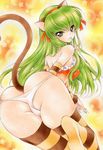  animal_ears ass bare_shoulders c.c. cat_ears cat_tail code_geass detached_sleeves finger_to_mouth green_eyes green_hair index_finger_raised izumo_neko long_hair panties solo striped striped_legwear striped_sleeves tail thighhighs traditional_media underwear white_panties 
