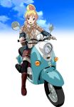  alternate_hairstyle bakuon!! blonde_hair boots commentary cosplay ground_vehicle hair_bun hal-py looking_at_viewer motor_vehicle orange_eyes pantyhose riding scooter shawl shima_rin shima_rin_(cosplay) sky suzunoki_rin yamaha_vino yurucamp 