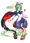  antennae baggy_pants bug cape firefly flower green_eyes green_hair hair_flower hair_ornament insect long_sleeves pants pink_flower pink_rose rose shirt smile solo touhou umigarasu_(kitsune1963) wriggle_nightbug 