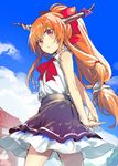  alternate_hairstyle arms_behind_back blue_sky blush bow bowtie brown_eyes cloud cookie_(touhou) day hair_ribbon hakurei_reimu hands_together horn_ribbon horns ibuki_suika jpeg_artifacts long_hair looking_at_viewer low-tied_long_hair multiple_girls mutsutake open_mouth orange_hair outdoors ponytail reu ribbon shirt sitting skirt sky sleeveless touhou 