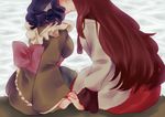  blue_hair brown_hair couple dress frilled_kimono frilled_sleeves frills head_fins head_out_of_frame holding_hands imaizumi_kagerou japanese_clothes kimono kiss long_hair multiple_girls orz_(kagewaka) short_hair sitting touhou wakasagihime yuri 