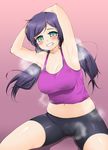  armpits bike_shorts exercise looking_at_viewer love_live!_school_idol_project plump purple_hair smell sweat sweat_stain toonojin toujou_nozomi twintails 