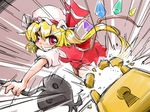  ascot blonde_hair broken flandre_scarlet grin hat lock red_eyes ribbon shinapuu short_hair side_ponytail smile solo touhou wings 