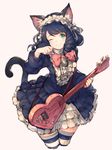  ;) animal_ears bell black_hair blush bow cat_ears cat_tail curly_hair cyan_(show_by_rock!!) dress guitar hairband heart_guitar highres instrument jingle_bell junwool lolita_hairband looking_at_viewer md5_mismatch one_eye_closed paw_pose show_by_rock!! simple_background smile solo strawberry_heart striped striped_legwear tail thighhighs white_background 