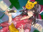  alternate_costume banana black_hair blush breasts cameo character_mask chocolate_banana colorized cookie_(touhou) drunk floral_print food fruit gen_1_pokemon hair_ornament hair_ribbon hair_tubes hakurei_reimu japanese_clothes kanna_(cookie) kimono large_breasts looking_at_viewer mask mask_on_head mutsutake obi pikachu pointing pointing_at_viewer pokemon pokemon_(creature) red_eyes ribbon sash sketch solo string summer_festival sweatdrop touhou 