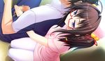  1girl atelier_kaguya baku_ane_otouto_shibocchau_zo! black_hair blush braid breast_press breasts censored choco_chip game_cg glasses handjob kneeling large_breasts legs looking_down mosaic_censoring naru_(baku_ane) nurse nurse_cap pantyhose penis purple_eyes reach-around short_hair sitting smile thighs 