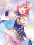 :d asari_toko breasts cape constellation_costume garters hair_ornament hat large_breasts love_live! love_live!_school_idol_project nishikino_maki open_mouth pointing purple_eyes red_hair skirt smile solo standing star starry_sky_print sun_(symbol) zodiac 