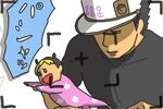  1girl baby baby_carry black_hair blonde_hair camera_lens double_bun father_and_daughter ghost hat imoichi jojo_no_kimyou_na_bouken kuujou_jolyne kuujou_joutarou multicolored_hair pajamas translated two-tone_hair viewfinder younger 