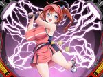  1girl ball blue_eyes blush bouncing_breasts breasts cap dmm erect_nipples huge_breasts legs lightning looking_at_viewer machine open_mouth orange_hair racket side_ponytail skirt sneakers solo tennis tennis_uniform thighs uniform 