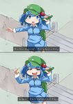  backpack bag blue_eyes blue_hair commentary_request cucumber dora_marquez dora_the_explorer flanvia hat highres kawashiro_nitori open_mouth parody solo teeth touhou translated two_side_up 