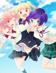  :d ;d aqua_eyes araki_rena asari_toko bike_shorts blonde_hair boots fang girl_sandwich holding_hands looking_at_viewer multiple_girls nishizono_honoka one_eye_closed open_mouth pink_hair plaid plaid_skirt purple_hair red_eyes ribbon sandwiched school_uniform shorts shorts_under_skirt skirt smile thigh_boots thighhighs tokyo_7th_sisters twintails uesugi_u_kyouko 