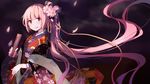  cherry_blossoms fan flower folding_fan hair_flower hair_ornament hello_kitty japanese_clothes kimono long_hair looking_at_viewer nekomura_iroha petals pink_hair red_eyes side_ponytail solo very_long_hair vocaloid xk_xk 