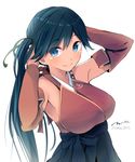  adapted_costume alternate_hairstyle black_hair breasts highres houshou_(kantai_collection) kantai_collection large_breasts long_hair side_ponytail smile solo tebi_(tbd11) 