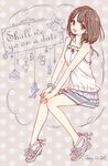  bad_id bad_pixiv_id bare_shoulders bracelet brown_hair earrings english jewelry looking_at_viewer open_mouth original purple_eyes sandals shirt sitting skirt sleeveless smile solo tsukigami_runa 
