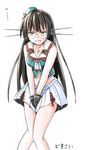  bare_shoulders black_hair blush breasts choukai_(kantai_collection) cleavage collarbone covering covering_crotch frown glasses gloves hat kantai_collection long_hair looking_at_viewer medium_breasts mini_hat moti_coi navel red_eyes remodel_(kantai_collection) simple_background skirt sleeveless solo standing vest wavy_mouth white_background white_skirt 