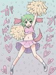  alternate_costume animal_ears arm_up bare_shoulders blue_background cheerleader dog_ears dog_tail green_eyes green_hair jack_(wkm74959) kasodani_kyouko looking_at_viewer midriff miniskirt navel pleated_skirt pom_poms short_hair simple_background skirt solo tail touhou 
