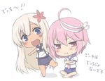  :d :t antenna_hair blonde_hair blue_eyes chibi crossed_arms flower hair_flower hair_ornament i-58_(kantai_collection) indian_style kantai_collection long_hair looking_at_viewer looking_to_the_side multiple_girls one-piece_swimsuit open_mouth oukawa_yuu pink_eyes pink_hair pout ro-500_(kantai_collection) school_swimsuit school_uniform serafuku short_hair short_sleeves simple_background sitting smile swimsuit swimsuit_under_clothes very_long_hair white_background 