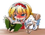  1girl alice_margatroid blonde_hair blood blue_eyes blush book capelet coffee dress hairband nosebleed reading shinapuu short_hair solo spilling touhou 