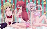  3girls asami_lilith barefoot blonde_hair blue_eyes bra breasts cleavage feet food gray_hair grey_hair ice_cream kiso_yuuta kurata_yui lieselotte_sherlock long_hair multiple_girls panties purple_eyes red_hair thighhighs toes trinity_seven twintails underwear yellow_eyes 