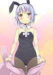  amaa_(chou_dennou_jidai) animal_ears blush brown_eyes bunny_ears bunny_girl bunnysuit detached_collar idolmaster idolmaster_cinderella_girls koshimizu_sachiko pantyhose purple_hair short_hair solo wrist_cuffs 