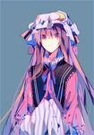 alternate_costume bad_id bad_pixiv_id blush bow bowtie capelet crescent green_background hat hat_bow highres long_hair long_sleeves looking_at_viewer marurodo mob_cap patchouli_knowledge pink_eyes purple_eyes purple_hair simple_background solo striped touhou 