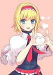  :d alice_margatroid blonde_hair blue_dress blue_eyes blush capelet culter dress eyelashes hairband heart heart_hands open_mouth pink_background red_ribbon ribbon short_hair signature simple_background smile solo touhou twitter_username white_capelet 