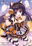  2013 :3 :d absurdres ameto_yuki animal_ear_fluff animal_ears anzu_cocoa arm_garter artist_name bare_shoulders black_hair blush breasts cat_ears cat_tail cleavage detached_collar ghost halloween highres jack-o'-lantern kneeling large_breasts long_hair looking_at_viewer nail_polish open_mouth orange_nails original paw_pose skirt smile solo star striped striped_legwear tail thighhighs trick_or_treat wrist_cuffs 