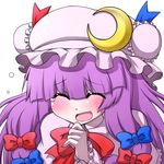  ^_^ blush bow closed_eyes crescent hair_bow hanya_(hanya_yashiki) hat laughing long_hair open_mouth patchouli_knowledge purple_hair simple_background solo touhou upper_body white_background 