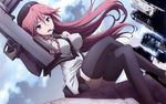  1girl asami_lilith blue_eyes braids breasts city elbow_gloves erect_nipples furuya_kouji gloves gun hat large_breasts long_hair red_hair resized ruins thighhighs trinity_seven weapon 