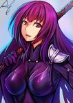  armor bangs bodysuit breasts covered_nipples def_(chronowarld) fate/grand_order fate_(series) gae_bolg gloves highres holding holding_weapon large_breasts long_hair looking_at_viewer open_mouth over_shoulder pauldrons polearm purple_bodysuit purple_hair red_eyes scathach_(fate)_(all) scathach_(fate/grand_order) signature simple_background smile solo turtleneck upper_body very_long_hair weapon weapon_over_shoulder 