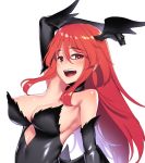  1girl :d areola_slip areolae black_gloves black_leotard breasts commentary_request demon_girl elbow_gloves gloves h_kasei hand_up head_wings heart heart-shaped_pupils large_breasts leotard long_hair looking_at_viewer open_mouth original red_eyes red_hair simple_background smile solo symbol-shaped_pupils upper_body white_background 