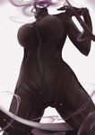  black_bodysuit bodysuit breasts cameltoe celty_sturluson dullahan durarara!! from_below full-length_zipper gankami headless large_breasts scythe smoke solo zipper 