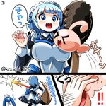  &gt;_&lt; :d ahoge blue_eyes blue_hair bow brush_(ole_tower) closed_eyes comic from_behind hair_bow kicking kouichi_(kouichi-129) long_hair long_sleeves mascot monster multiple_girls nipa-ko ole_tower open_mouth short_hair simple_background slime smile translated twintails very_long_hair wavy_mouth white_background 