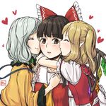 ascot back black_hair blonde_hair blush brown_eyes cheek_kiss closed_eyes crystal flandre_scarlet girl_sandwich green_hair hair_ribbon hakurei_reimu heart hug imminent_kiss kiss kitano_(kitanosnowwhite) komeiji_koishi long_sleeves looking_at_another multiple_girls no_hat no_headwear one_eye_covered open_mouth pointy_ears profile puffy_sleeves ribbon sandwiched sash shirt short_hair short_sleeves side_ponytail simple_background smile string touhou upper_body vest white_background wide_sleeves wings yuri 
