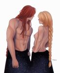  1boy 1girl bare_arms bare_back bare_pectorals black_sarong black_skirt blonde_hair braid breasts breasts_out covered_eyes elden_ring facing_another from_side hair_over_eyes hand_on_own_hip highres husband_and_wife long_braid long_hair looking_at_another medium_breasts multiple_braids muscular muscular_male nipples pectorals queen_marika_the_eternal radagon_of_the_golden_order red_hair sarong single_braid skirt topless topless_male very_long_hair wymlky 