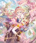  animal_ears bare_shoulders bird blonde_hair blue_eyes blue_sky cherry_blossoms cloud day elbow_gloves feathers flower gloves hair_ornament ibara_riato in_tree long_hair official_art open_mouth outstretched_hand petals shingeki_no_bahamut shirt sitting sitting_in_tree skirt sky sleeveless sleeveless_shirt smile solo thighhighs tree very_long_hair white_gloves white_legwear wind zettai_ryouiki 