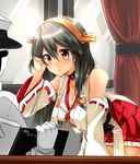  1girl admiral_(kantai_collection) bent_over black_hair blush breasts brown_eyes brown_hair cleavage curtains desk detached_sleeves gloves hair_ornament hairband hairclip haruna_(kantai_collection) hat headgear heart_lock_(kantai_collection) highres holding indoors kantai_collection large_breasts leaning_forward long_hair looking_at_another military military_uniform nontraditional_miko parted_lips peaked_cap pointing sitting skirt translated tsukui_kachou uniform white_gloves window 