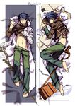  bag barefoot bed_sheet blue_hair bookbag cloak clothes_lift dakimakura dated glasses groin log_horizon lying male_focus miyako910724 multiple_views navel on_back on_side pants_pull shiny shiny_hair shiroe short_hair signature sketch staff sweater sweater_lift turtleneck undressing 