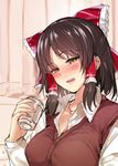  alternate_costume beer_can blush bow breasts brown_hair can cardigan_vest cleavage cookie_(touhou) curtains drunk hair_bow hair_ornament hair_ribbon hair_tubes hakurei_reimu jewelry jpeg_artifacts large_breasts long_sleeves looking_at_viewer mutsutake necklace open_mouth ribbon sananana shirt short_hair smile solo tears touhou upper_body vest 