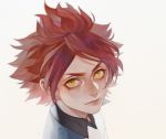  1boy closed_mouth collared_shirt commentary_request grey_background highres inazuma_eleven inazuma_eleven_(series) looking_at_viewer male_focus murasaki_(fioletovyy) nagumo_haruya portrait red_hair shirt signature solo symbol-shaped_pupils white_shirt yellow_eyes 