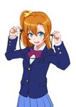  :d bad_id bad_pixiv_id blazer blue_eyes bow earbuds earphones earphones_removed jacket kousaka_honoka love_live! love_live!_school_idol_project one_side_up open_mouth orange_hair otonokizaka_school_uniform school_uniform simple_background smile solo white_background wokami 