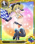  artist_request belt bishop_(chess) blonde_hair blue_eyes card_(medium) character_name checkered checkered_flag chess_piece elbow_gloves fang flag gloves high_school_dxd midriff mittelt official_art race_queen smile solo swimsuit thighhighs torn_clothes trading_card 
