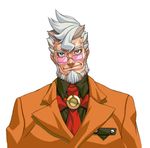  beard facial_hair ganto_kaiji glasses gyakuten_saiban kei_(bekei) looking_at_viewer male_focus smirk solo suit_jacket upper_body white_hair 