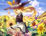  alternate_hairstyle apron blonde_hair blue_sky bow breasts broom cloud cowboy_shot day denchu_(kazudentyu) dress flower frilled_skirt frills garden_of_the_sun hat hat_bow hat_flower kirisame_marisa long_hair long_ponytail looking_at_viewer low_ponytail outdoors pointing pointing_up ponytail short_sleeves skirt sky small_breasts solo sunflower touhou very_long_hair vest waist_apron witch_hat wreath yellow_eyes 