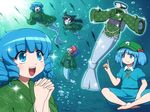 :d animal_ears barefoot black_hair blue_eyes blue_hair blush bow braid bubble cat_ears cosplay diving_suit dress drill_hair error fins fish hair_bobbles hair_ornament hands_clasped hat imaizumi_kagerou indian_style kawashiro_nitori key keychain long_hair multiple_girls open_mouth own_hands_together oxygen_mask oxygen_tank propeller prosthesis red_eyes ribbon rope sash scuba_gear sekibanki shirosato short_hair sitting smile sparkle teeth touhou twin_drills two_side_up underwater wakasagihime wakasagihime_(cosplay) 