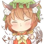  animal_ears blush bow bowtie brown_hair cat_ears cat_tail chen chibi closed_eyes face flying_sweatdrops hat ibaraki_natou jewelry long_sleeves mob_cap multiple_tails shirt short_hair simple_background single_earring solo tail text_focus touhou upper_body vest white_background 
