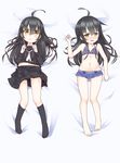  :&lt; absurdres ahoge barefoot black_hair black_legwear blush closed_mouth crescent crescent_moon_pin dakimakura hair_ornament highres kantai_collection long_hair lying mikazuki_(kantai_collection) multiple_views mutenka open_mouth school_uniform serafuku skirt swimsuit undressing yellow_eyes 