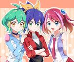  ahoge blue_eyes blue_hair bow bracelet earrings green_hair hiiragi_yuzu jacket jewelry joman jumpsuit multicolored_hair multiple_girls pink_hair ponytail rin_(yuu-gi-ou_arc-v) serena_(yuu-gi-ou_arc-v) short_hair smile twintails yellow_eyes yuu-gi-ou yuu-gi-ou_arc-v 