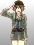  alternate_costume bangs binoculars brown_eyes brown_hair kantai_collection military military_uniform salute solo uniform yoshimizu_amine yukikaze_(kantai_collection) 